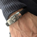 Bracciale da uomo in pelle intrecciata nera e piastra di chiusura in acciaio con testa di leone