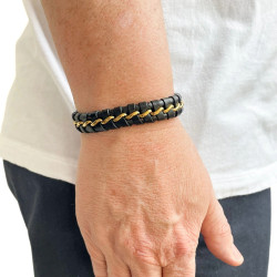 Bracelet homme cuir maille gourmette fermoir acier placage noir et or