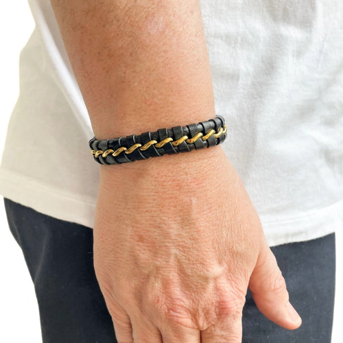 Brazalete de cuero de hombre cierre de malla Gourmet chapa de acero negro y oro