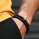 Bracelet homme double rang cuir tressé et pierres naturelles œil de tigre avec perles d’onyx et fermoir personnalisable