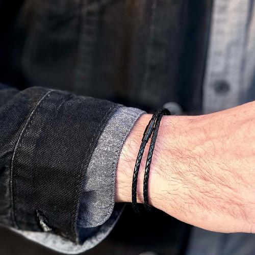 20cm black braided leather double strap with gravitable steel clasp