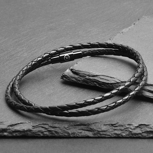 20cm schwarz geflochtenes leder doppelarmband mit benutzerdefinierten stahlverschluss