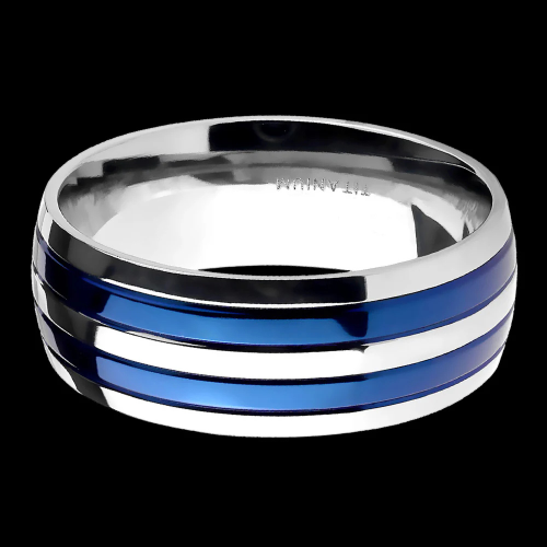 Titanium Men Ring with Two Blue Strips - Modern Engagement Ring