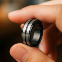 Black plated titanium men ring with custom brushed lines