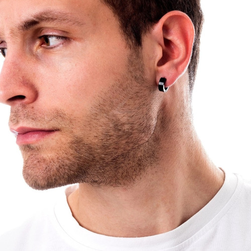 Men's black stainless steel hoop earrings with clips