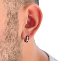 Boucles d’oreilles créoles homme en acier inoxydable, bandes plaqué noir et bandeau argenté, fermoir pression sécurisé