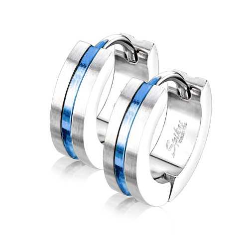 Boucles d'oreilles bicolore homme femme acier cerclé bande couleur bleue