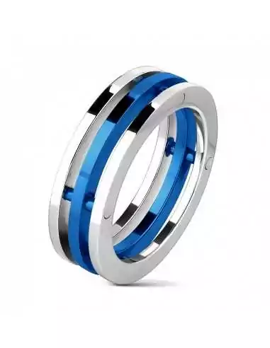 Bague 3 anneaux homme acier inoxydable et plaqué bleu design mécanique