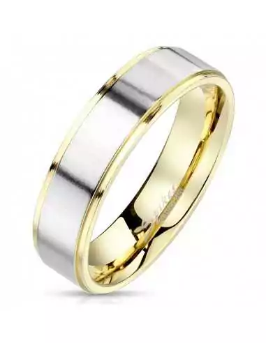 Bague anneau homme plaqué or avec bandeau acier brossé effet satiné