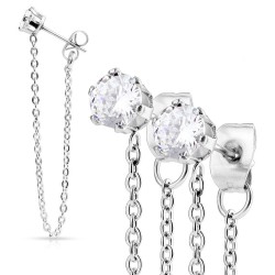PAIRE BOUCLE D'OREILLE FEMME ACIER CHAINE PENDANTE 2 PIERRES ZIRCON RONDE BLANCHE