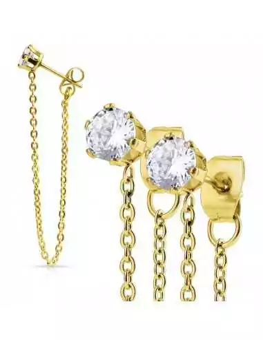 Paar goldene Damenohrringe mit hängender Kette und 2 weißen Steinen