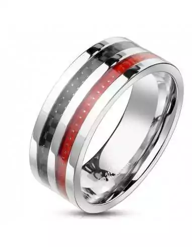 Bague anneau homme acier et bandes fibre de carbone rouge et noir