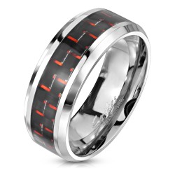 Bague anneau pour homme acier fibre de carbone couleur rouge et noir