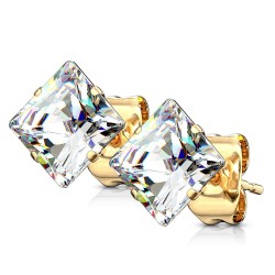 Paire boucles d'oreilles homme femme zircon carré blanche tige doré or