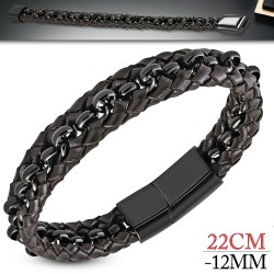 Bracelet homme cuir marron tressé et fermoir acier magnétique