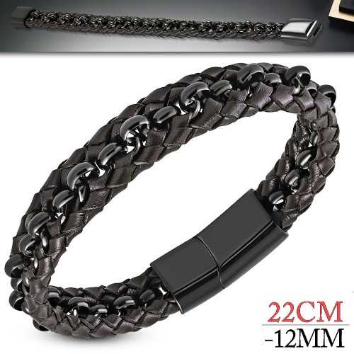 Bracelet homme cuir marron tressé et fermoir acier magnétique