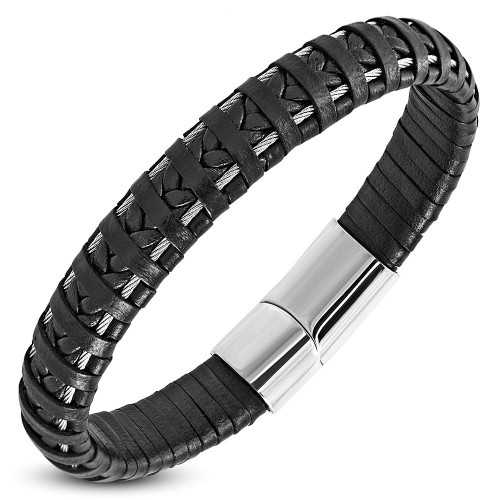 Bracciale da uomo in pelle con cavetti in metallo e chiusura biker magnetica in acciaio