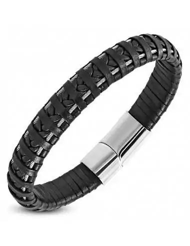 Bracelet homme cuir avec cables métalliques et fermoir acier aimanté biker