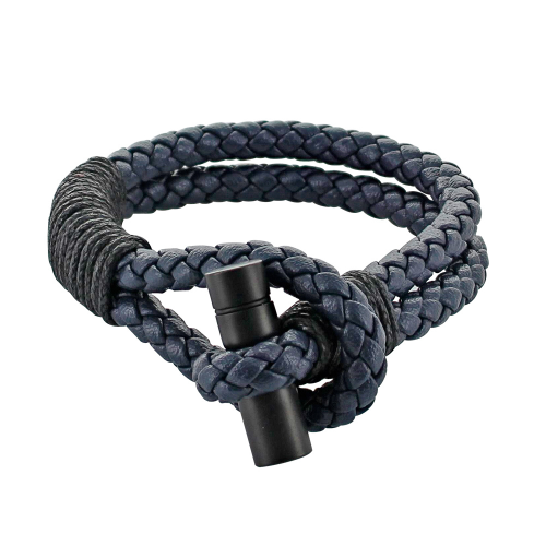 Verstellbares Armband für Herren aus schwarzem Leder mit Doppelgliedern, 19 bis 25 cm