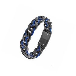 Braided Leather Bracelet Black & Blue and Steel - Customizable Clasp 2