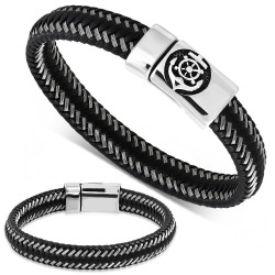 Pulsera de hombre de cuero trenzado negro con placa de cierre de acero de ancla de timón