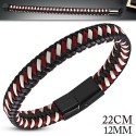 Pulsera de hombre de cuero trenzado rojo burdeos y blanco con cierre de acero negro