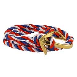 Bracciale da uomo tricolore regolabile tricolore in tela sintetica con ancora in acciaio oro - rosso bianco rosso blu