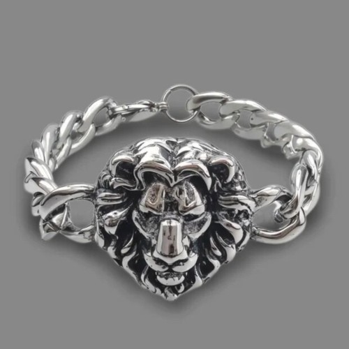 Bracelet Homme Large Maille Cubaine en Acier Inoxydable avec Tête de Lion
