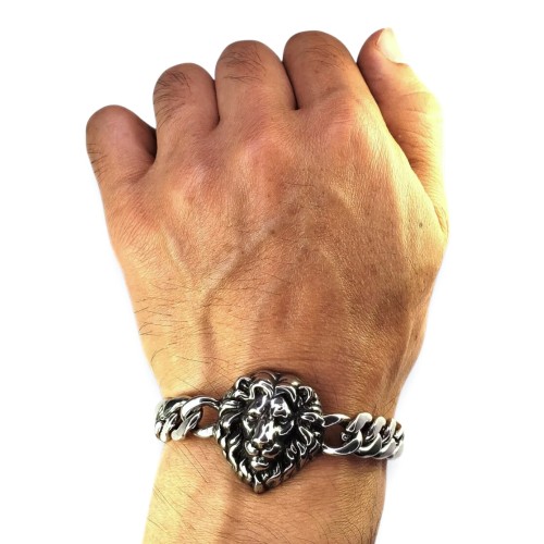 Pulsera de los hombres Correo cubano de acero inoxidable con cabeza de león
