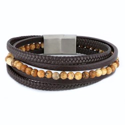 Pulsera de hombre de acero inoxidable Multirang, cuero marrón y jaspe - cierre personalizable