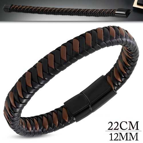 Bracciale da uomo in pelle intrecciata di colore nero e marrone con elegante chiusura in acciaio