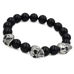 Bracelet Homme en Onyx Noir avec 3 Têtes de Mort en Acier Inoxydable – Style Biker