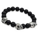 Black Onyx Men's Bracelet with 3 Stainless Steel Death Heads - Biker Style
