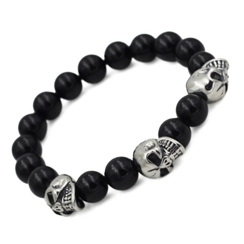Bracelet pour Homme en Onyx Noir avec 3 Têtes de Mort en Acier Inoxydable – Style Biker