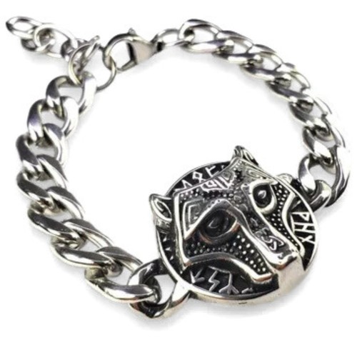 Braccialetto da uomo in acciaio inox in acciaio inox con testa di lupo fenrir e rune vikings