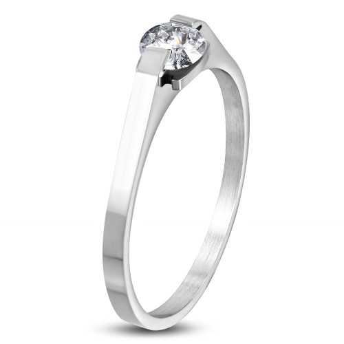 Bague solitaire de fiançailles femme en acier et pierre ronde zircon