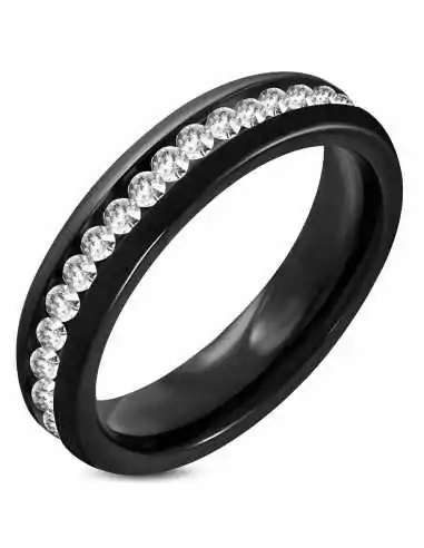 Bague alliance éternel femme acier noir contour de pierres mariage 5mm
