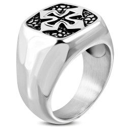Ring Siegelring für Herren, Stahl, quadratisch, Pfeil, Kreuz, Biker, Biker