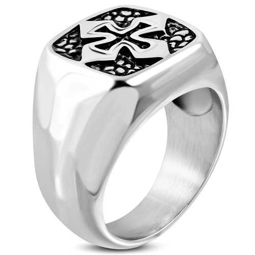Ring Siegelring für Herren, Stahl, quadratisch, Pfeil, Kreuz, Biker, Biker