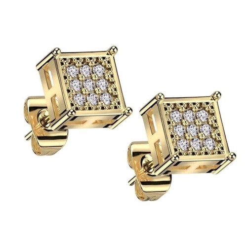 Pair of Men's Earrings Steel Gold Square Zirconium Style Hip Hop