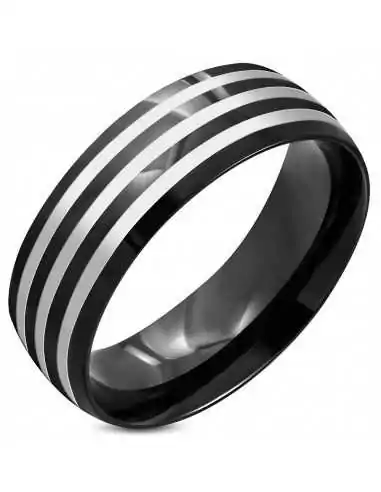 Anillo anillo hombre acero negro tres lineas bandas grises