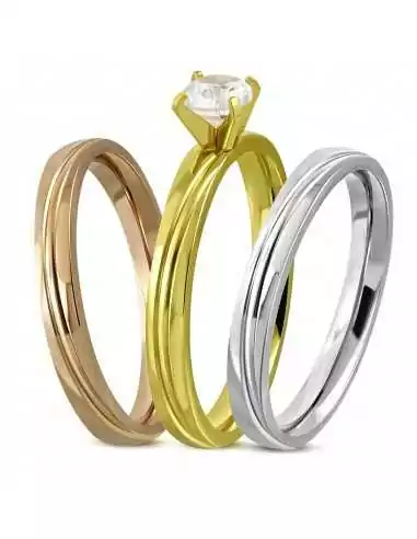 Bague anneau de fiançaille femme solitaire acier trio or argent bronze
