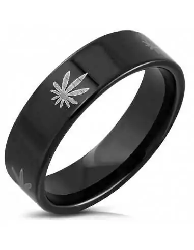 Bague anneau homme acier placage noir décoré de feuilles de cannabis