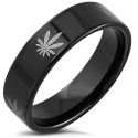 Bague anneau homme acier placage noir décoré de feuilles de cannabis
