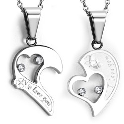 PENDENTIF POUR HOMME FEMME ADO EN ACIER 316L SECABLE SE SEPARANT EN 2 IDEAL COUPLE AMOUREUX I LOVE YOU + 2 CHAINES BOULES NEUF