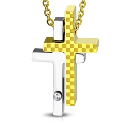 Pendentif femme homme acier croix superposées avec placage or damier
