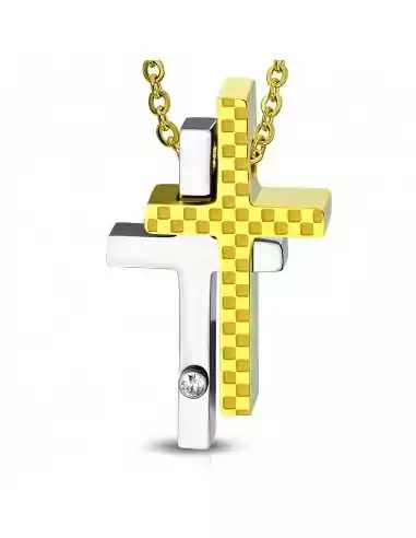Pendentif homme acier croix superposées avec placage or en damier