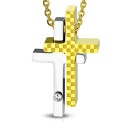 Pendentif homme acier croix superposées avec placage or en damier