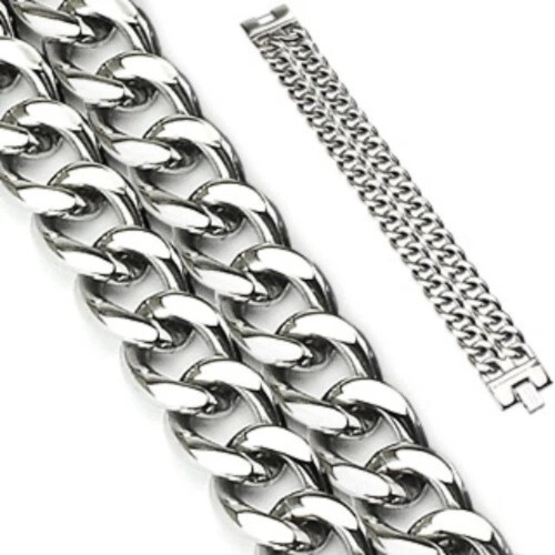 Men's wide curb bracelet steel double Cuban mesh chain 22cm