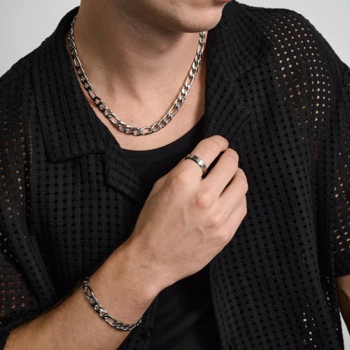 Equipo de pulsera de los hombres Figaro Acero inoxidable de acero de plata 9mm de ancho